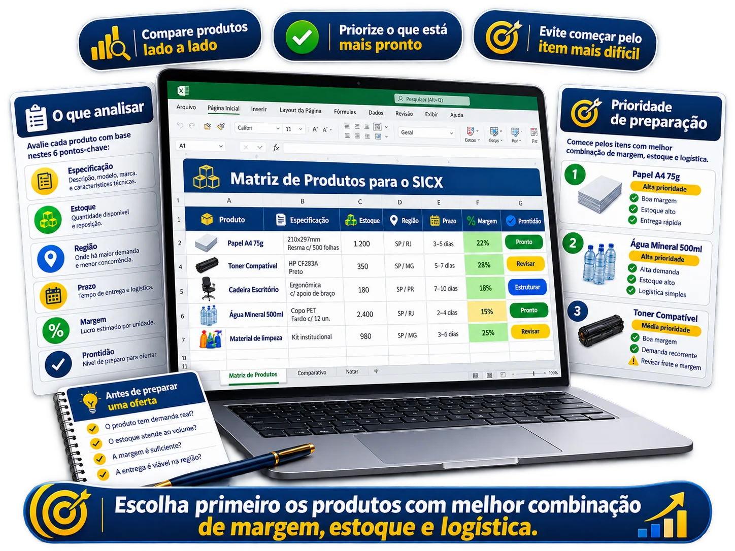 Planilha de produtos e preços aberta no notebook com colunas de custo, imposto, frete e margem