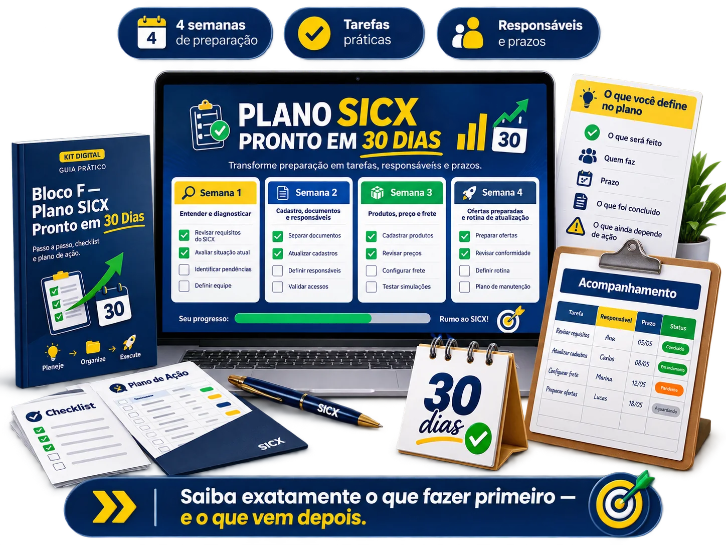 Plano de implementação de 30 dias impresso sobre a mesa, com tarefas, responsáveis e prazos, ao lado do notebook