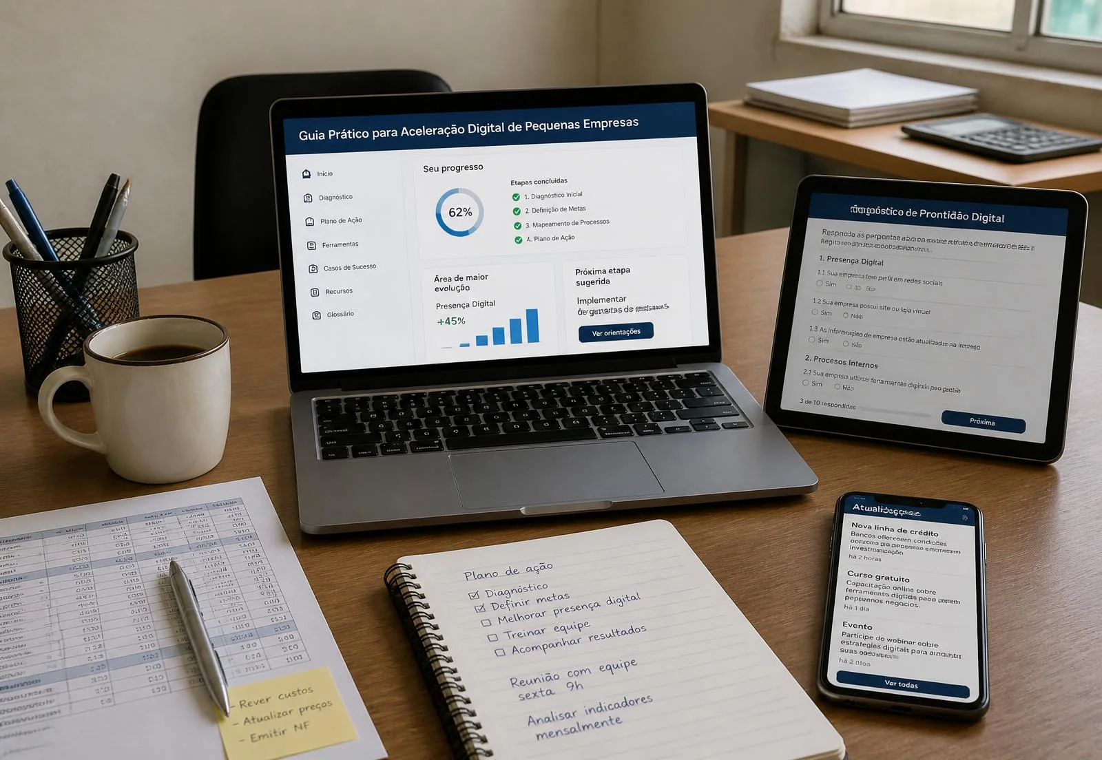Conjunto de materiais digitais do SICX na Prática abertos em notebook, tablet e celular sobre a mesa